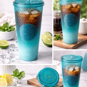 Starbucks Teal Studded Tumbler 24oz Cold Cup w Straw & Lid Siren Logo